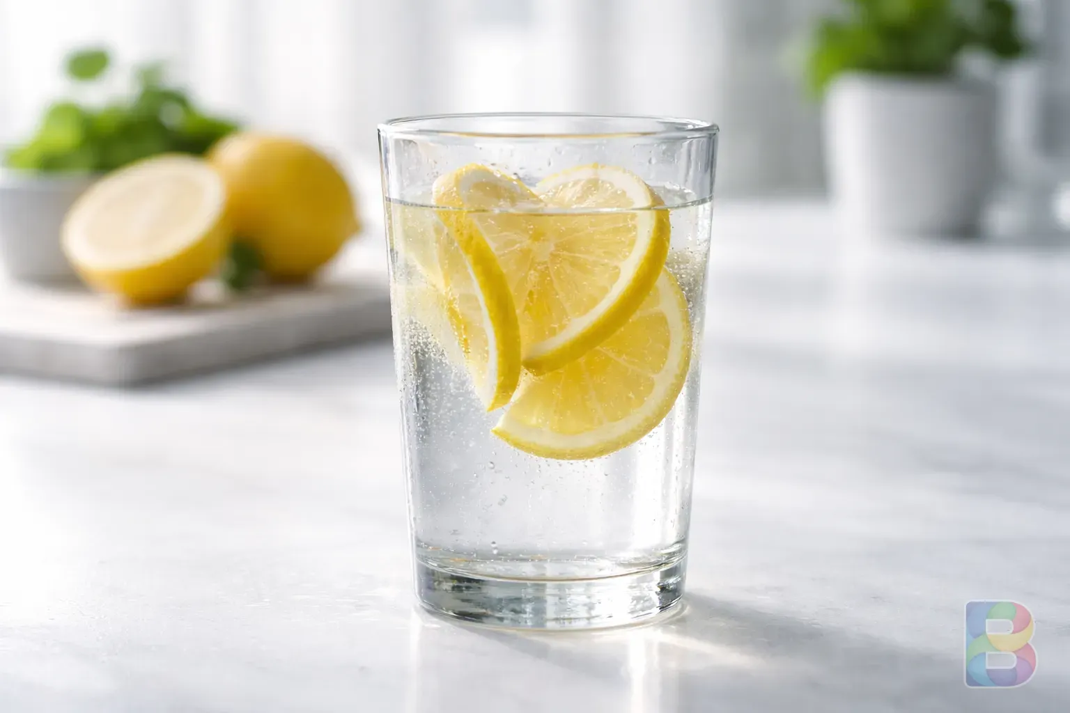 photorealistic, close-up of a clear glass of water with lemon slices, bright clinical background, fresh and clean atmosphere, cinematic lighting