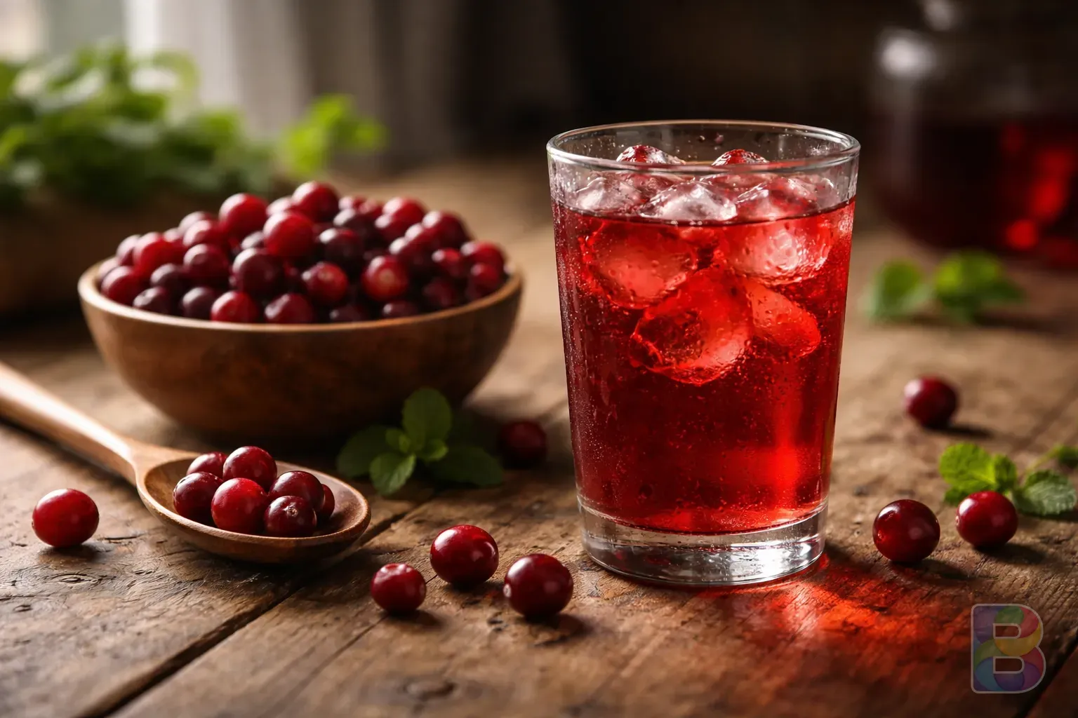 photorealistic, fresh cranberries and a glass of juice on a wooden table, soft natural light, high detail food photography, cinematic lighting