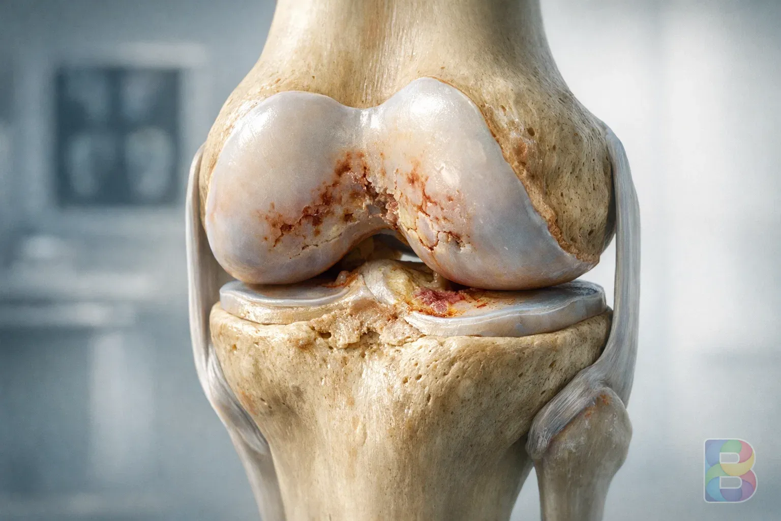 photorealistic, medical illustration of a human knee joint showing cartilage wear, clean clinical background, high detail, scientific but accessible vibe