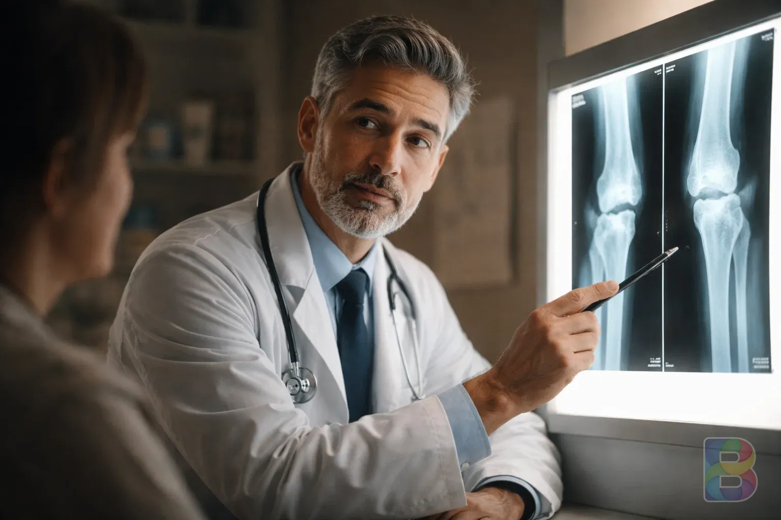 photorealistic, doctor pointing at an X-ray of a knee joint on a light box, clinical office setting, professional and reassuring