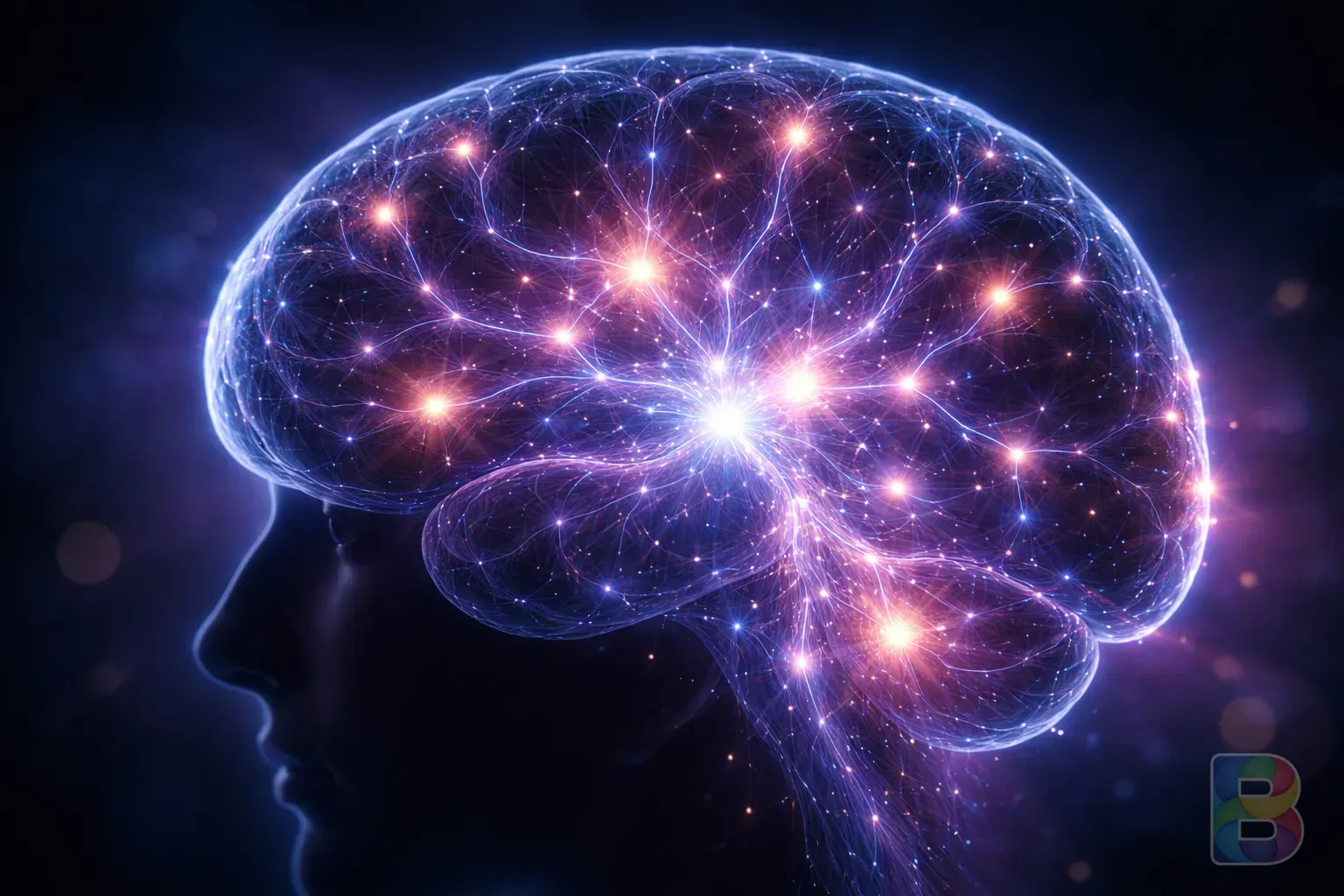 photorealistic, close-up of a human brain silhouette with soft glowing neural networks, deep blue and purple tones, cinematic lighting, conceptual medical art
