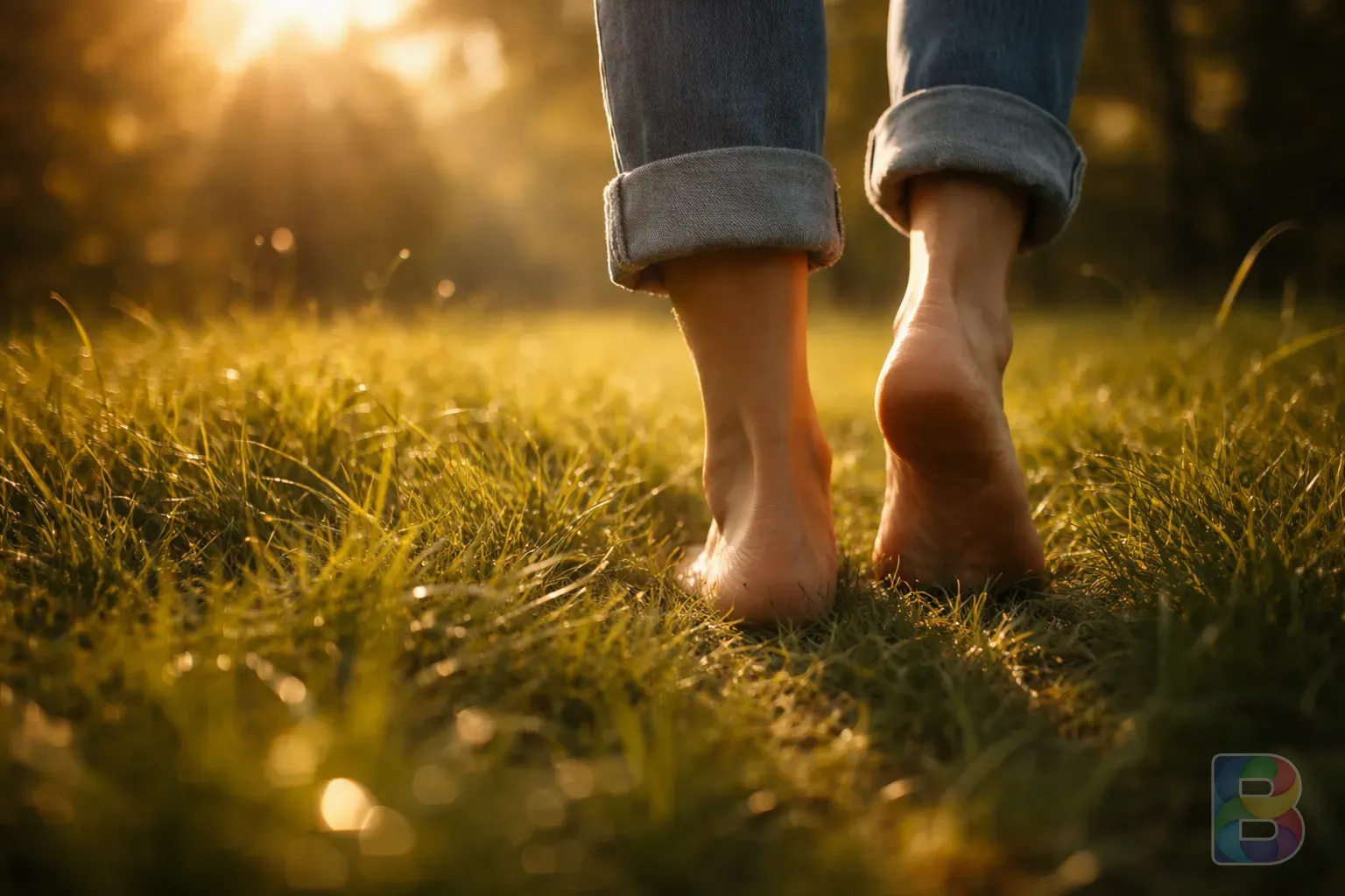 photorealistic, detail shot of a person’s feet walking on green grass with soft sunlight filtering through trees, warm tones, sensory detail, cinematic lighting