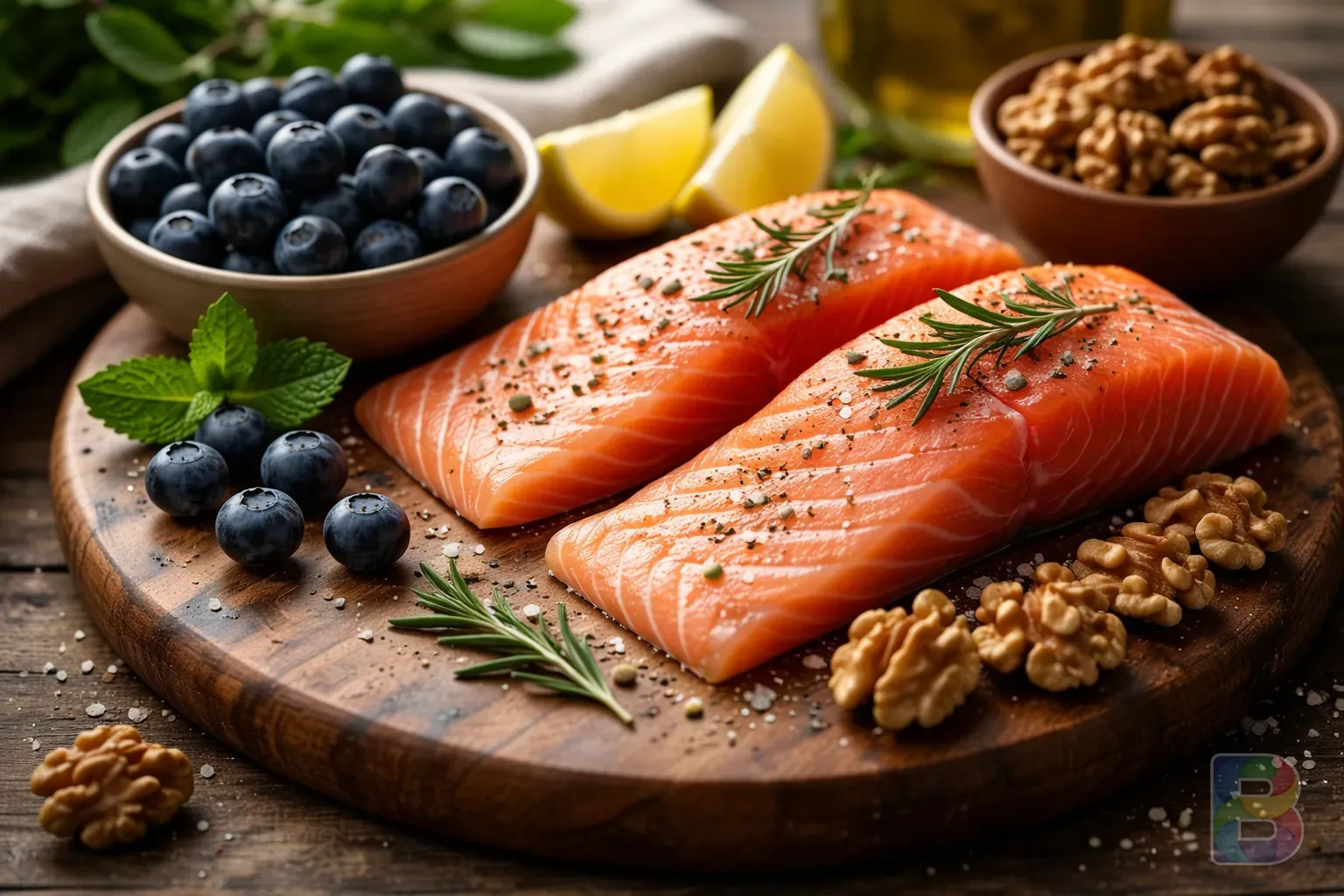 photorealistic, fresh salmon, walnuts, and blueberries on a wooden plate, high detail food photography, soft natural light, healthy brain food concept