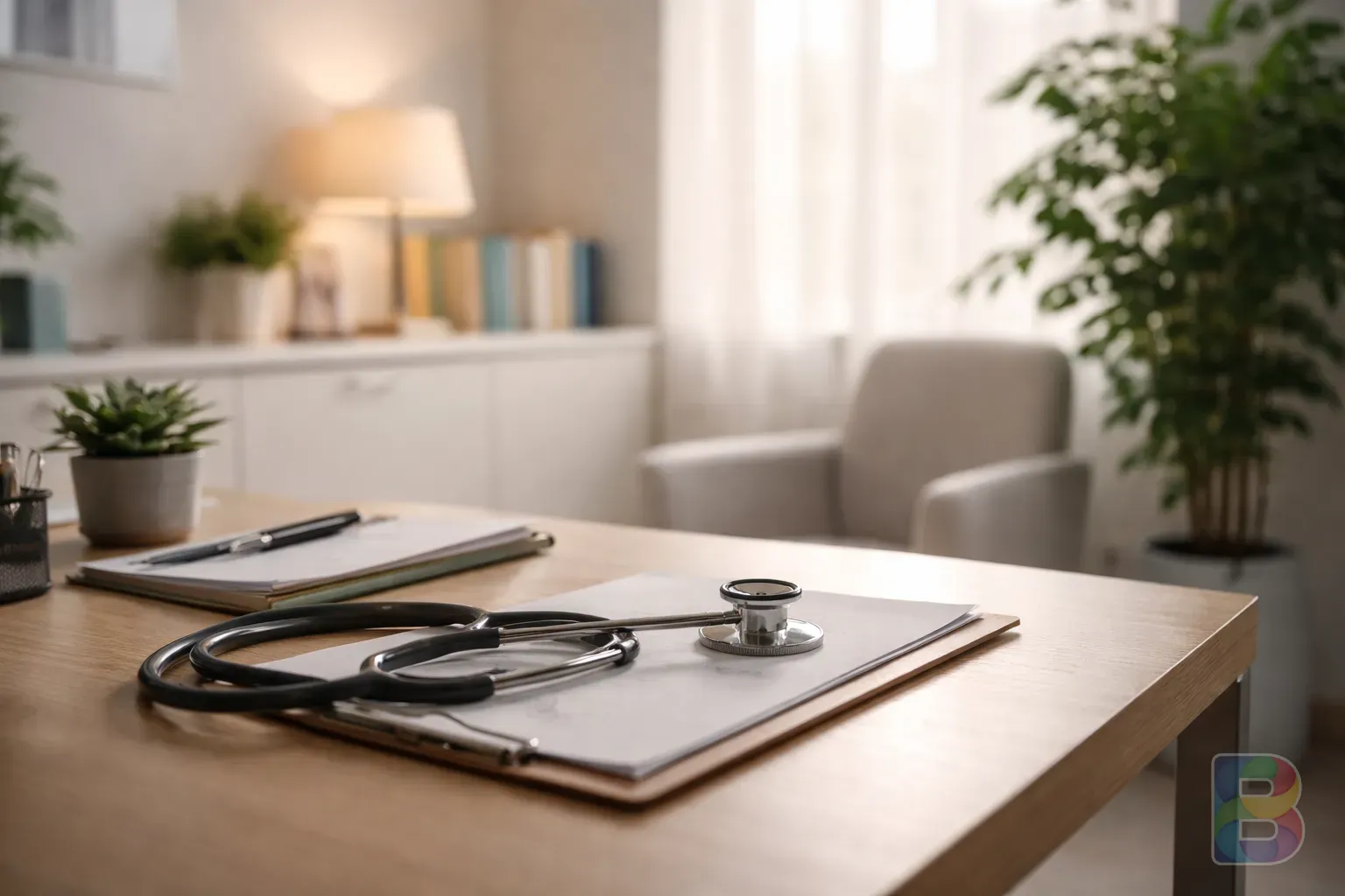 photorealistic, a modern clinic consultation room with a green plant, calm and professional atmosphere, soft focus on a stethoscope on the desk