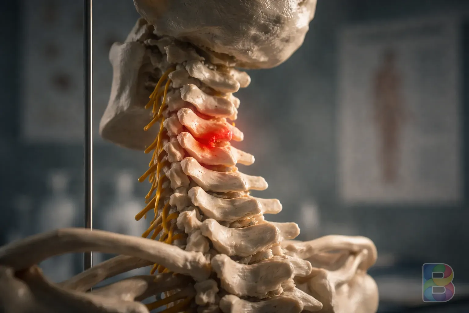 photorealistic, close-up of a human spine model showing misalignment in the cervical area, clinical background, dramatic lighting, high quality