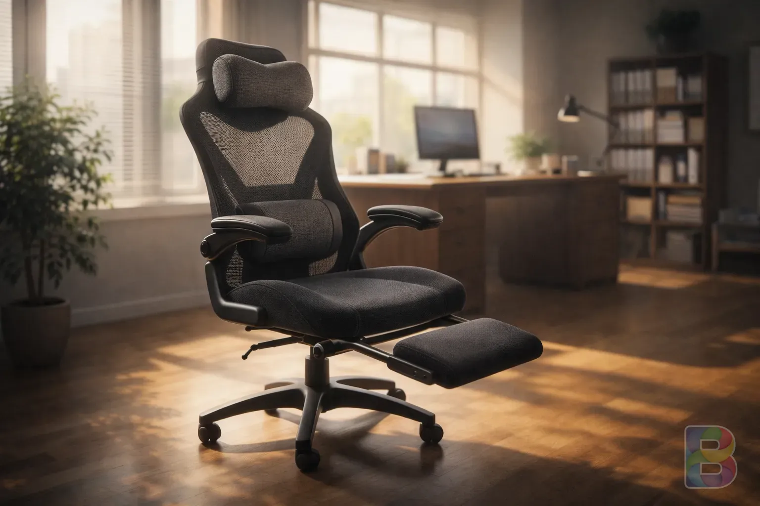 photorealistic, ergonomic office chair with a neck pillow and a footrest, sunny office interior, calm and comfortable atmosphere, high detail