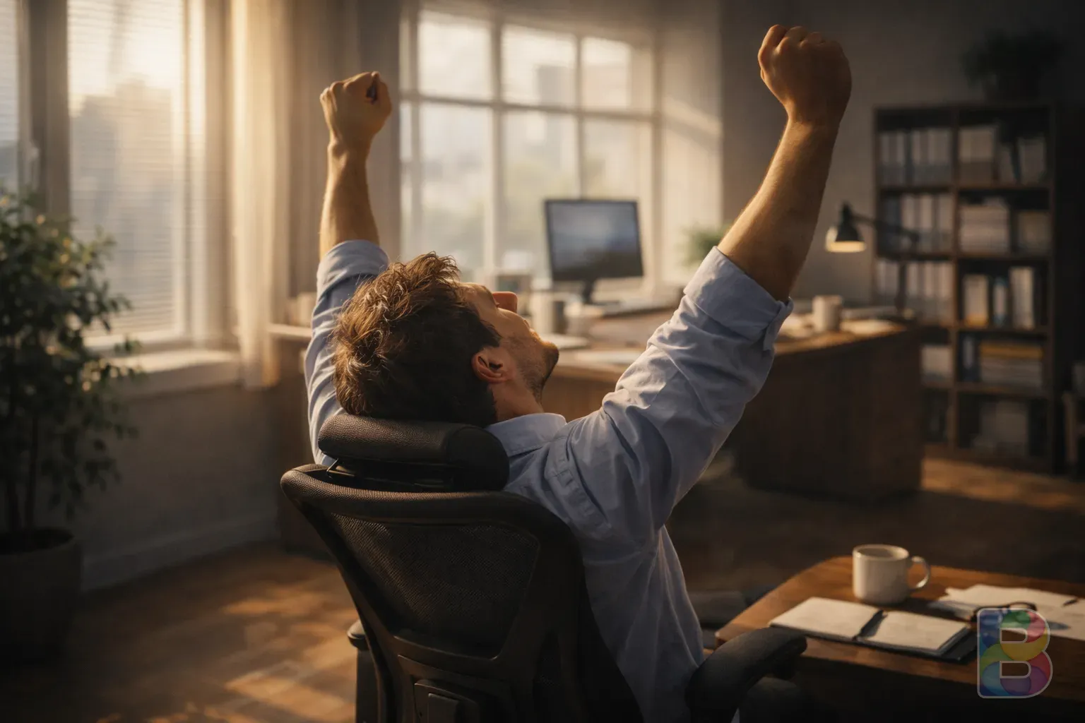 photorealistic, person stretching their arms upwards after a short nap in an office, warm natural light, feeling refreshed, high resolution