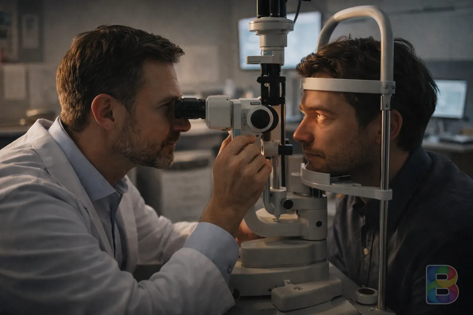 photorealistic, ophthalmologist examining a patient's eye with a slit lamp, modern clinic setting, professional lighting, reassuring atmosphere