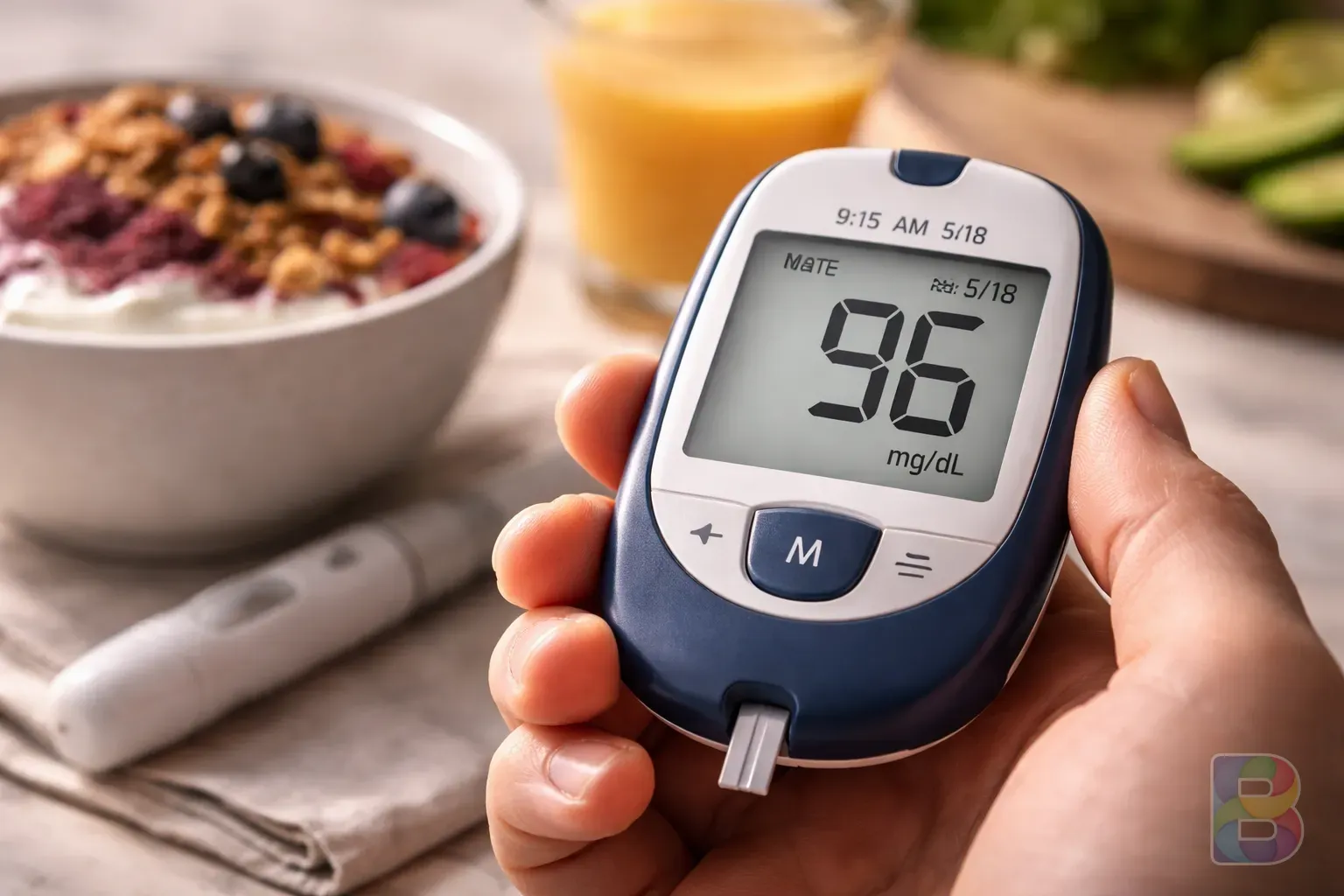 photorealistic, detail shot of a digital blood glucose meter showing a reading, blurred background of a healthy breakfast, soft daylight, cinematic lighting