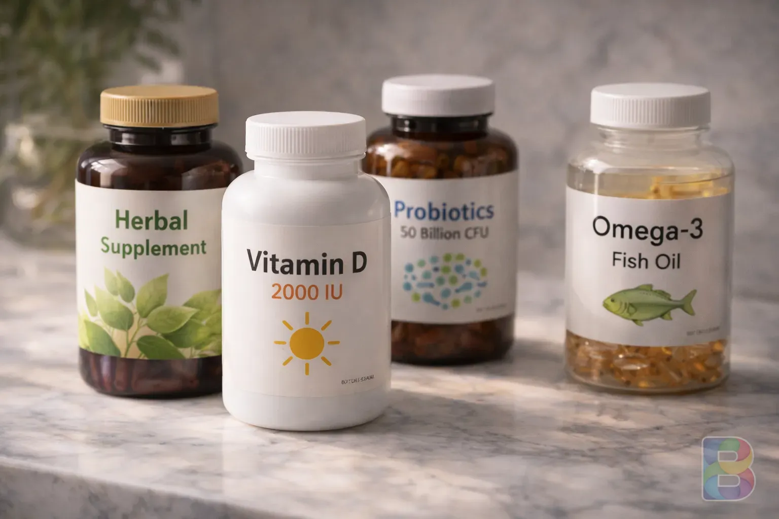 photorealistic, close-up of various supplement bottles arranged neatly on a marble countertop, clean aesthetic, soft natural light, shallow depth of field