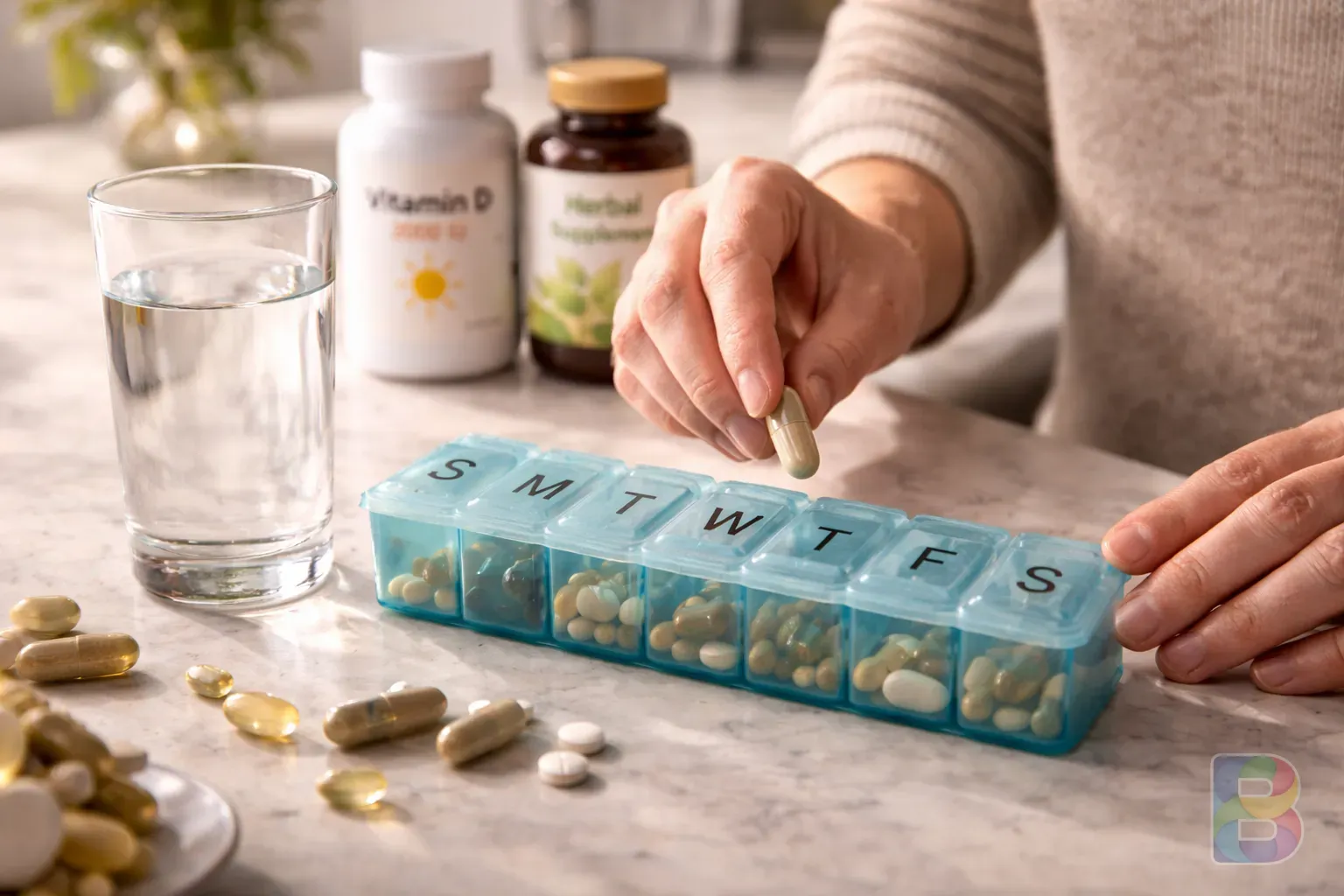 photorealistic, a person organizing a weekly pill organizer next to a glass of water, bright kitchen background, cinematic lighting, organized lifestyle
