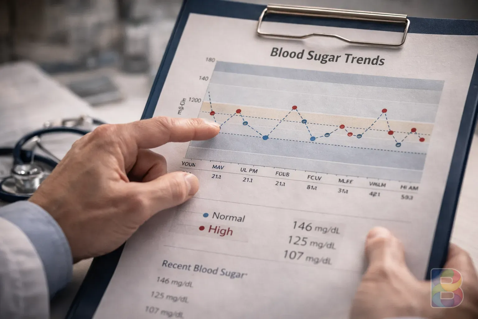 photorealistic, a doctor's hand pointing at a medical chart showing blood sugar trends, clinic setting, professional atmosphere, cinematic lighting