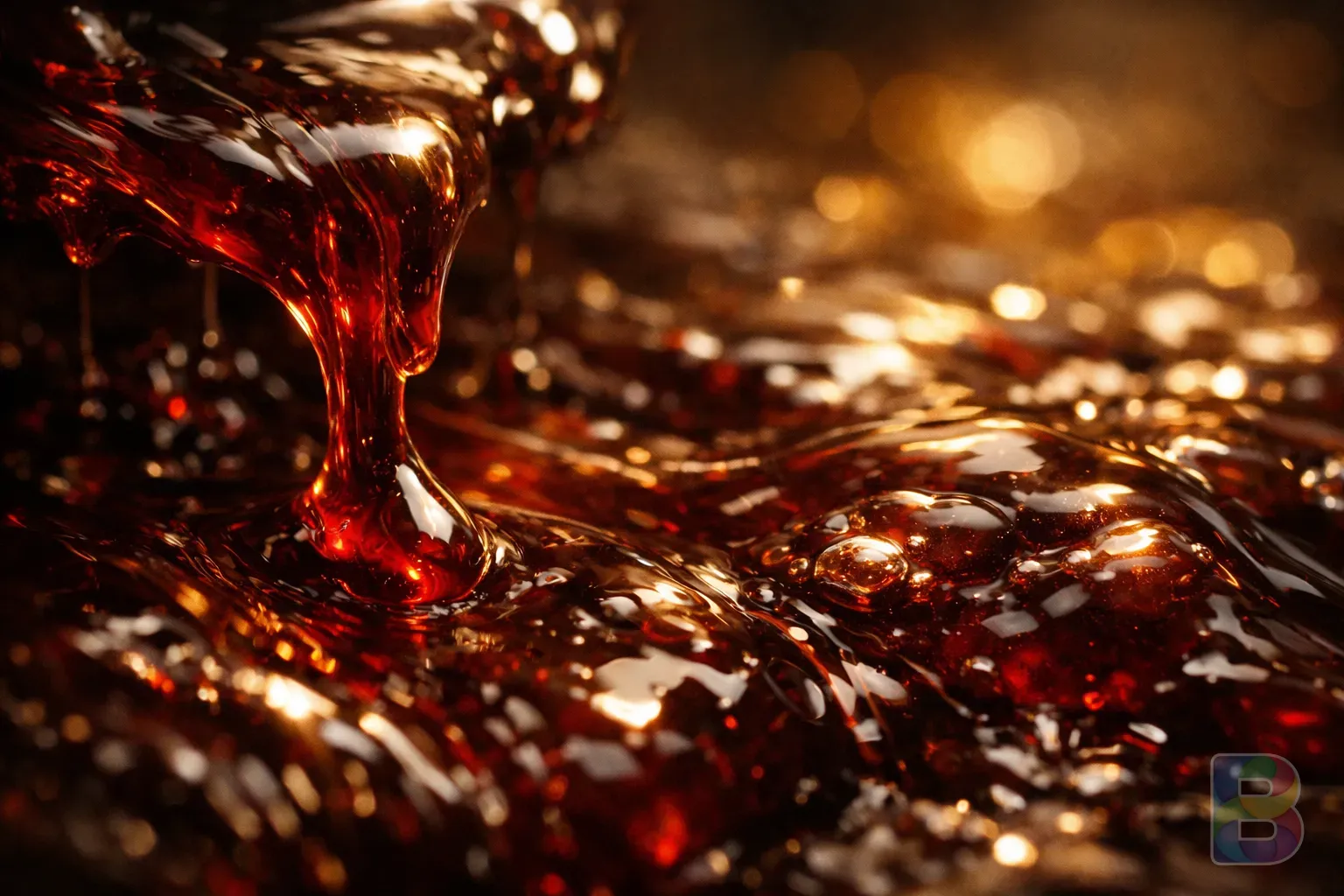 photorealistic, macro shot of honey-like liquid flowing slowly representing viscous blood, warm gold tones, cinematic lighting, high detail