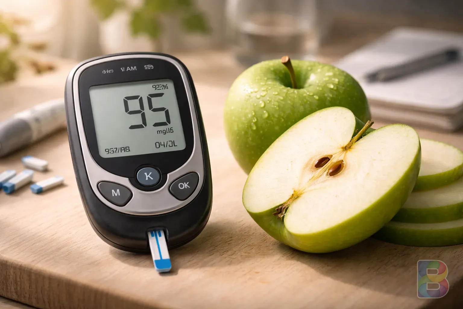 photorealistic, close-up of a glucose meter showing a stable reading next to a sliced green apple, clinical but warm atmosphere, high detail, macro shot