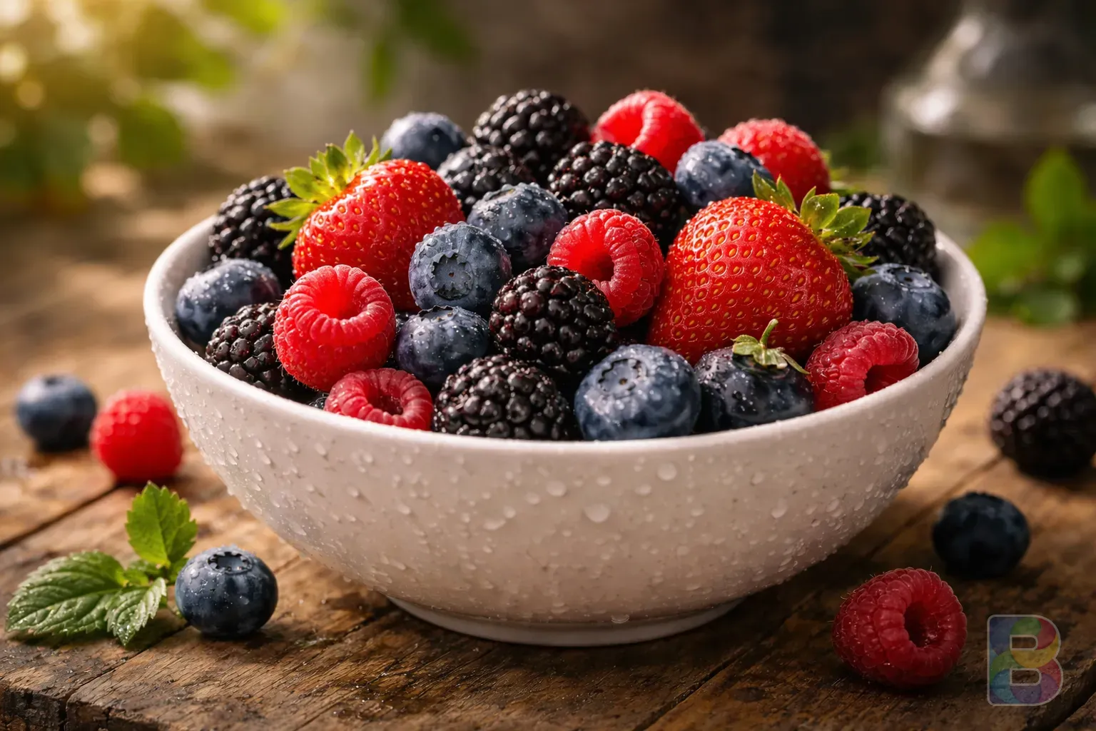 photorealistic, a variety of colorful berries in a white ceramic bowl, water droplets on the surface, soft natural light, high detail food photography