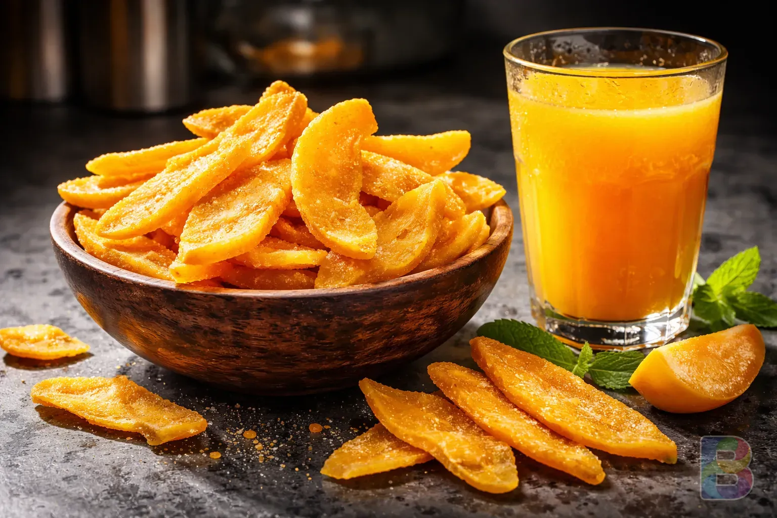 photorealistic, close-up of dried mango slices and a glass of orange juice on a counter, vibrant but artificial look, harsh dramatic lighting