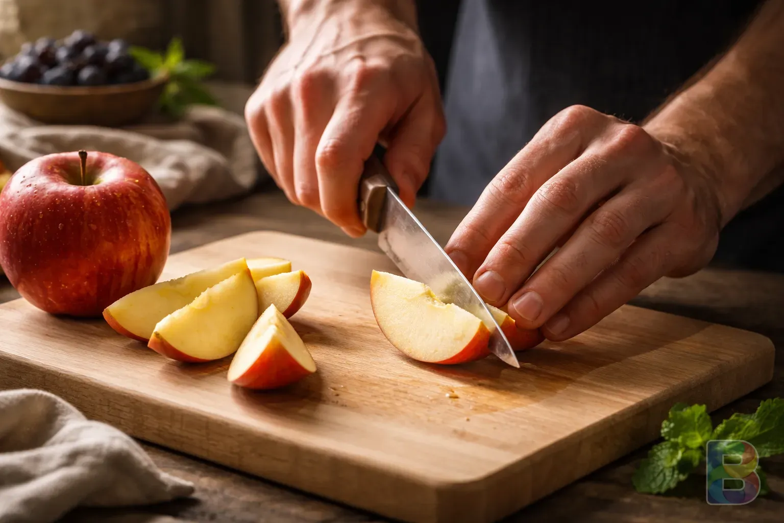 photorealistic, a person cutting a small portion of an apple with a knife on a clean wooden board, focused and mindful atmosphere, cinematic lighting