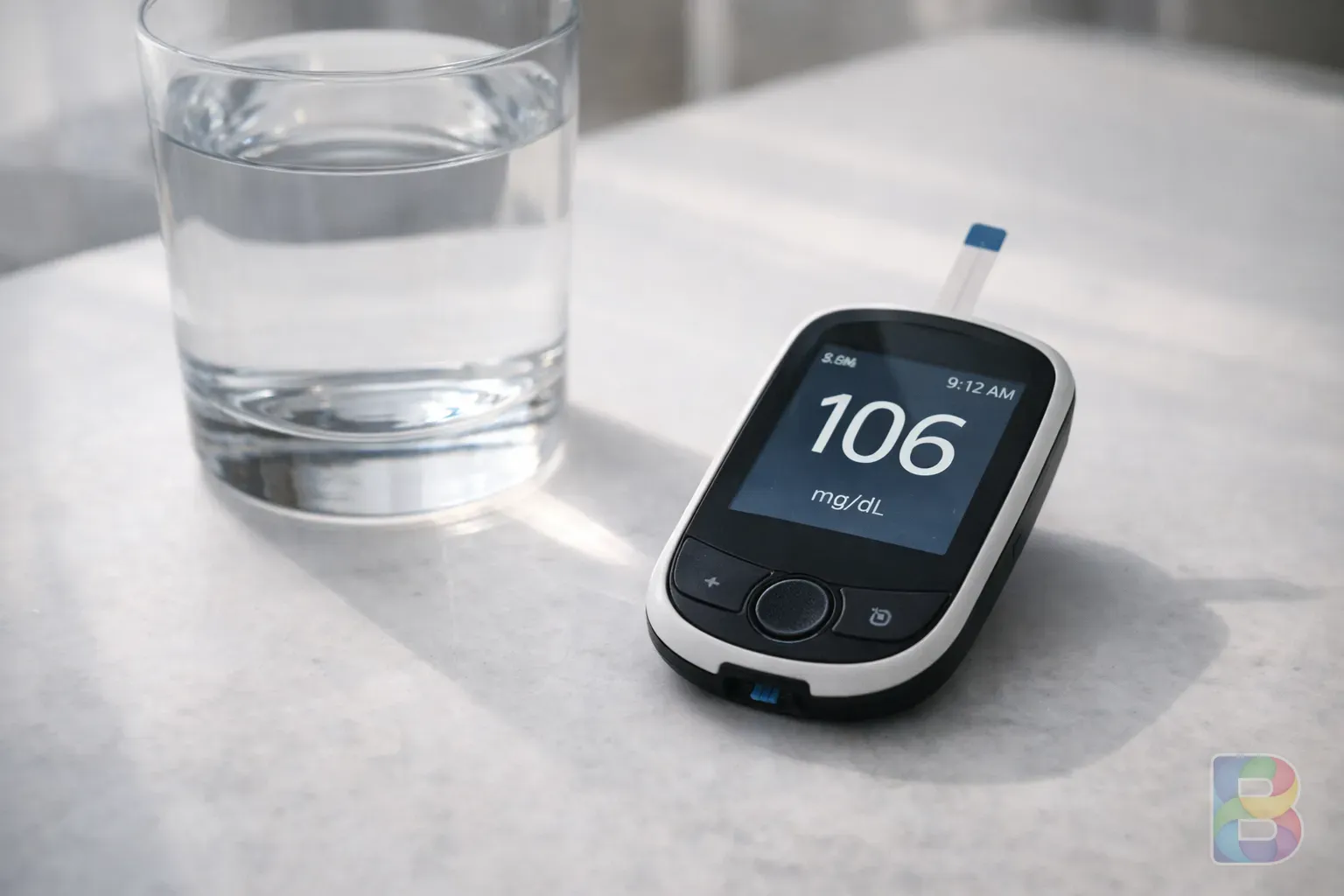 photorealistic, a modern glucometer showing a digital reading on a clean white surface next to a glass of water, clinical and calm atmosphere, high detail