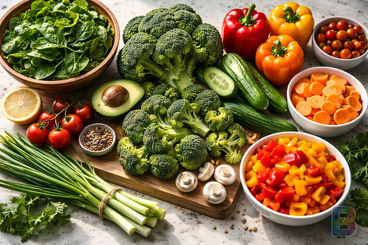 photorealistic, high-angle shot of various colorful vegetables like broccoli, spinach, and bell peppers arranged neatly, fresh and crisp look, natural daylight