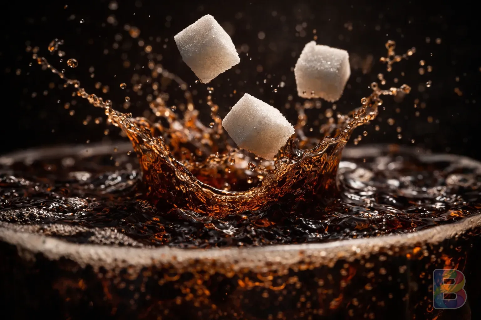 photorealistic, macro shot of sugar cubes falling into a dark pool of soda, splashes caught in mid-air, dramatic lighting, metaphorical representation of unhealthy diet