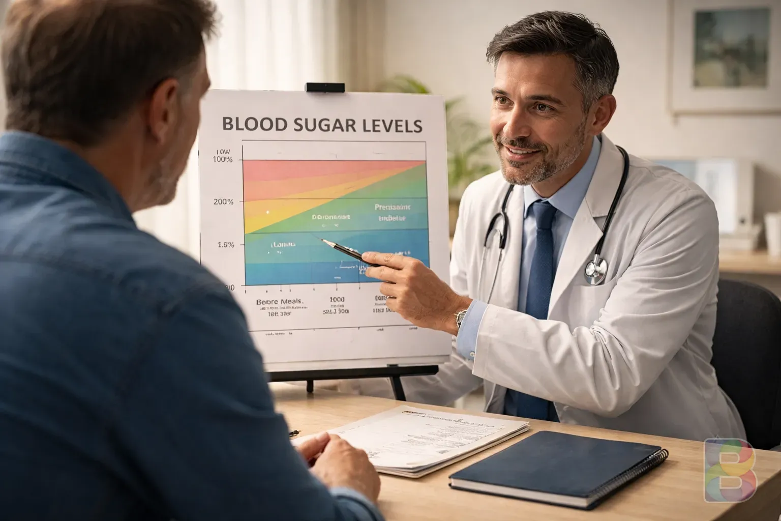 photorealistic, a patient talking to a doctor in a well-lit office, the doctor is pointing to a chart about blood sugar levels, reassuring and professional mood