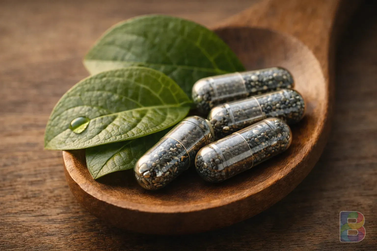 photorealistic, macro shot of herbal supplements like banaba leaves and chromium capsules on a wooden spoon, soft natural lighting, high detail