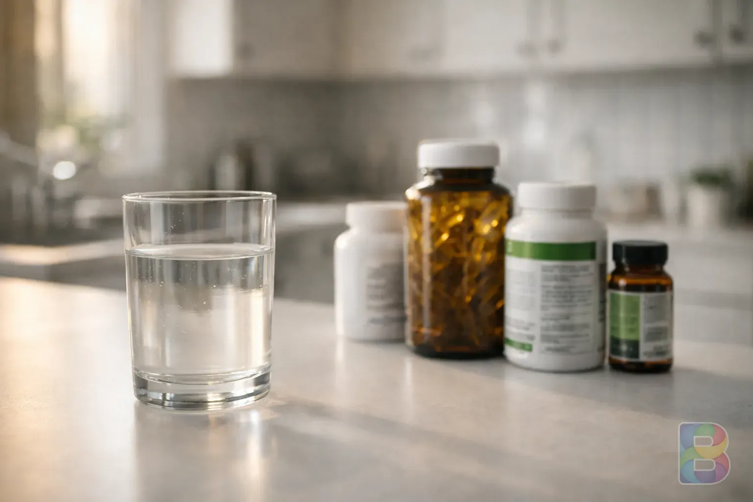 photorealistic, a glass of water next to several organized supplement bottles on a clean white countertop, clinical but warm aesthetic, shallow depth of field