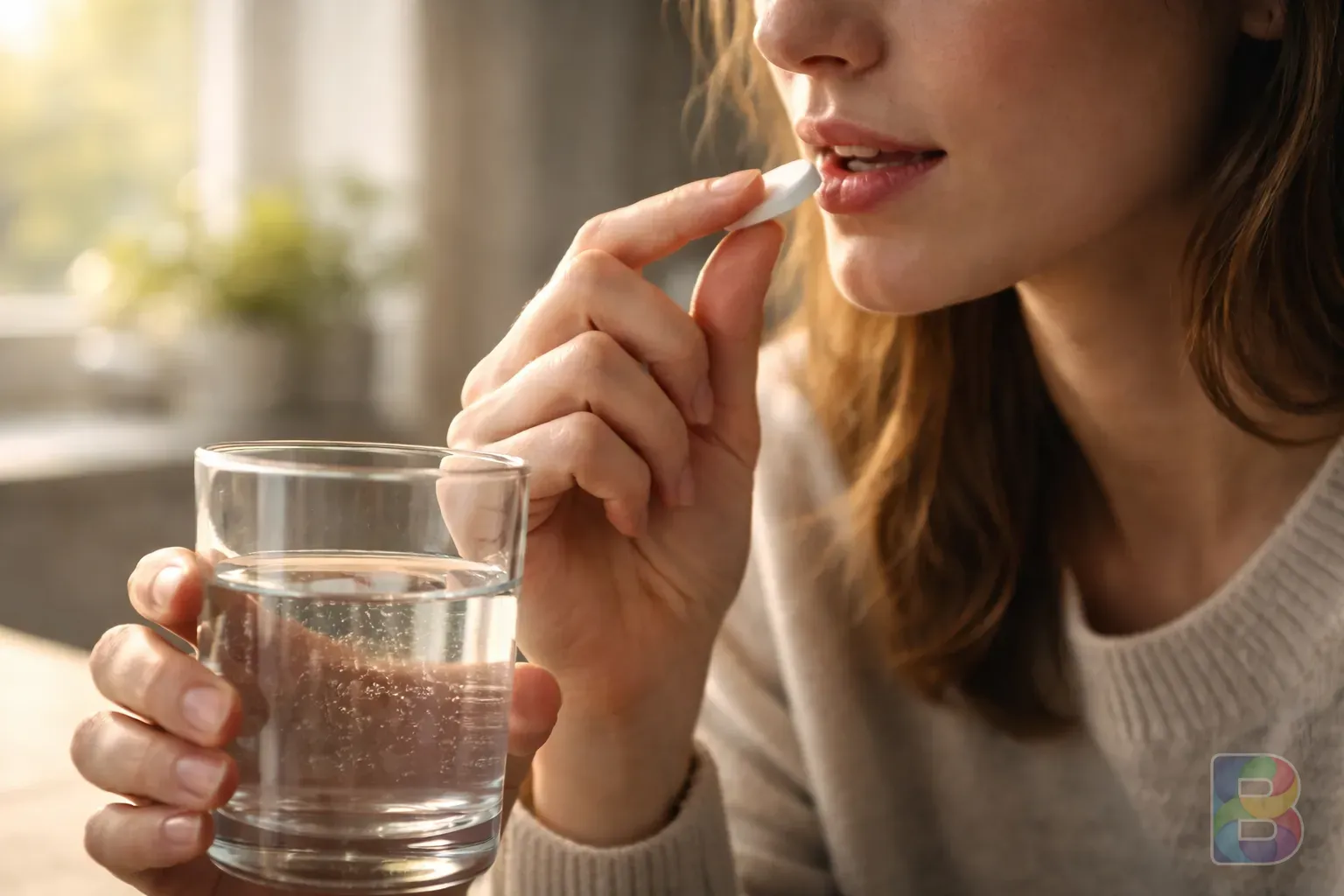 photorealistic, close-up of a person taking a tablet with a glass of water, sunlight streaming through a window, peaceful atmosphere, high detail