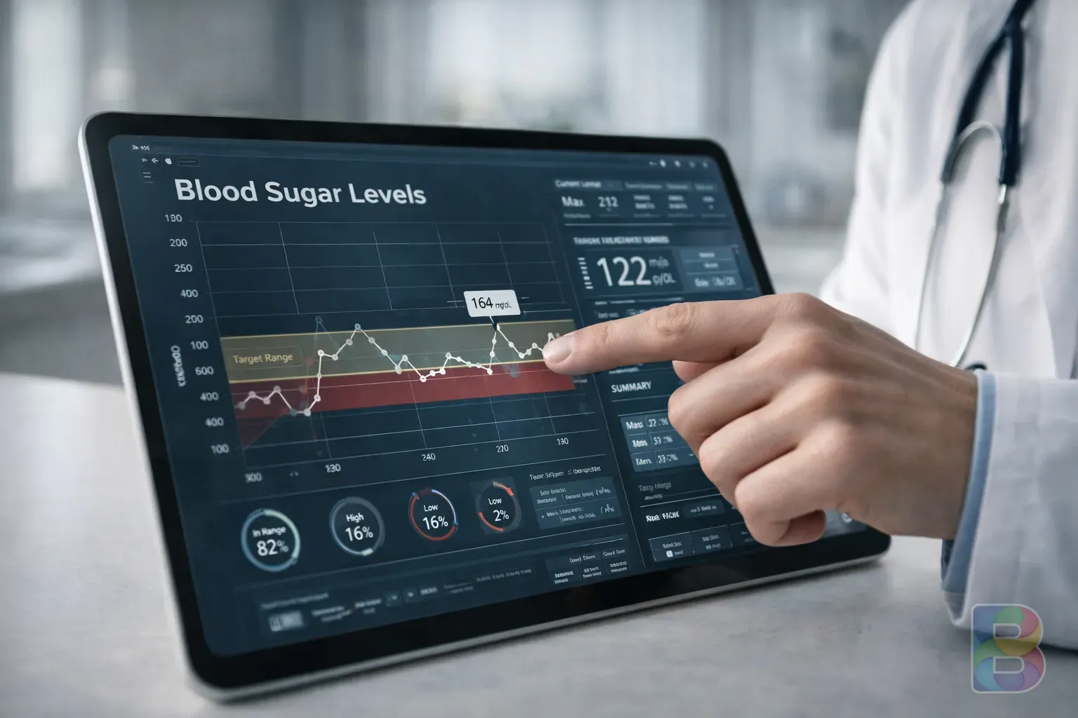 photorealistic, a medical professional pointing at a digital chart of blood sugar levels on a tablet screen, clinical and professional lighting