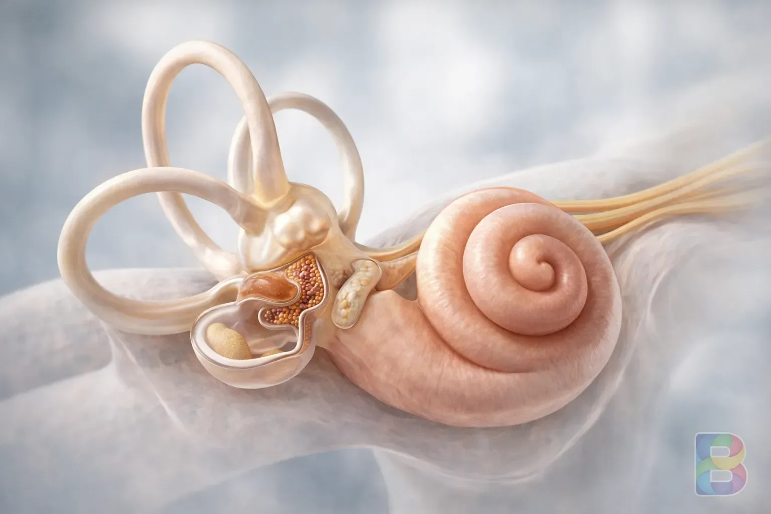 photorealistic, 3D anatomical illustration of the inner ear showing the vestibular system, soft clinical lighting, detailed and clear