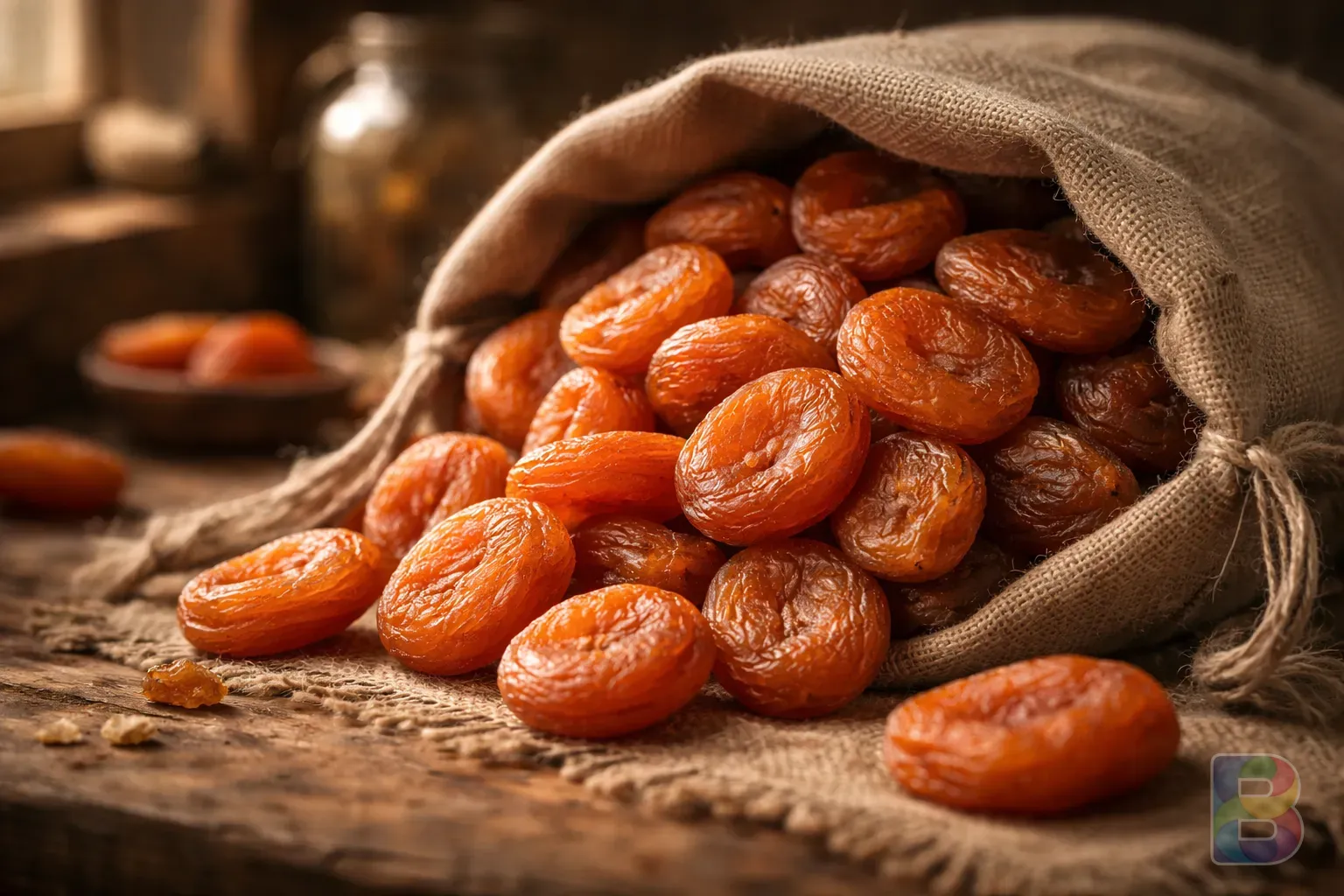 photorealistic, close-up of vibrant orange dried apricots spilling out of a linen bag, macro texture, soft cinematic lighting, warm kitchen background