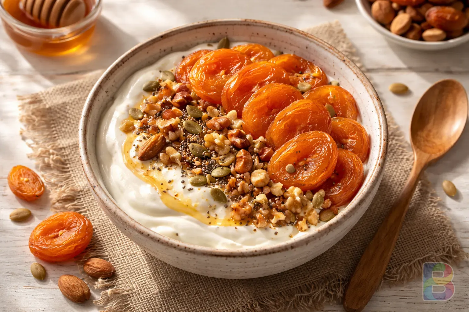 photorealistic, top-down view of a healthy breakfast bowl with Greek yogurt, nuts, and sliced dried apricots, bright clean morning light, high detail