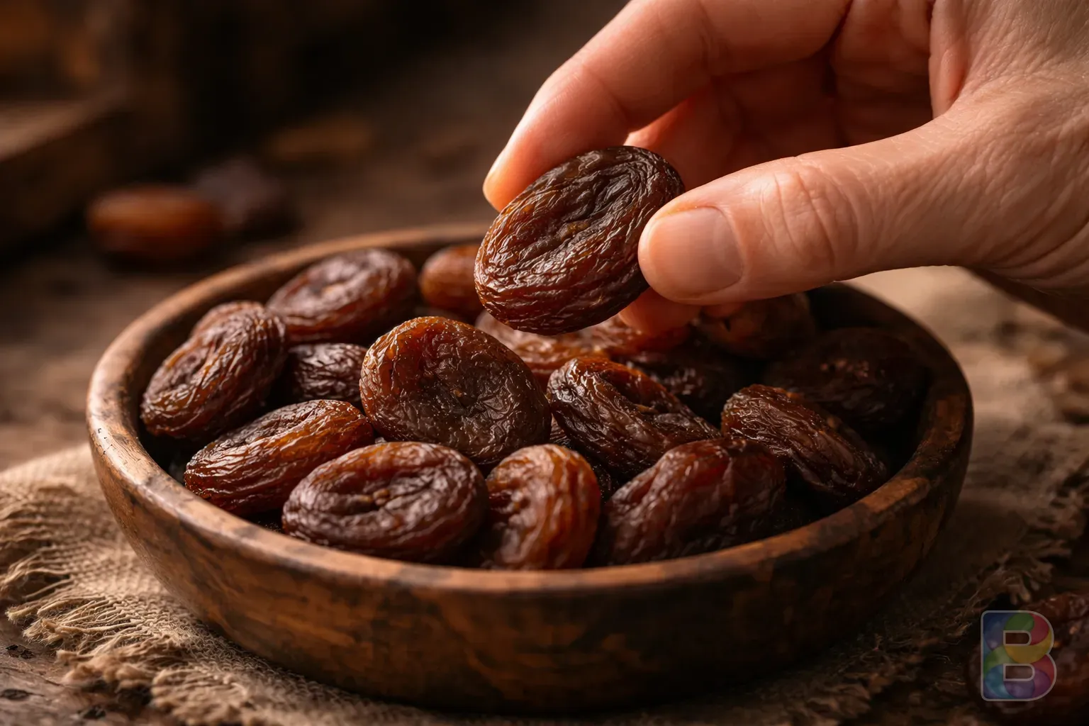 photorealistic, detail shot of a hand picking a dark, naturally dried organic apricot, earthy textures, cinematic soft focus