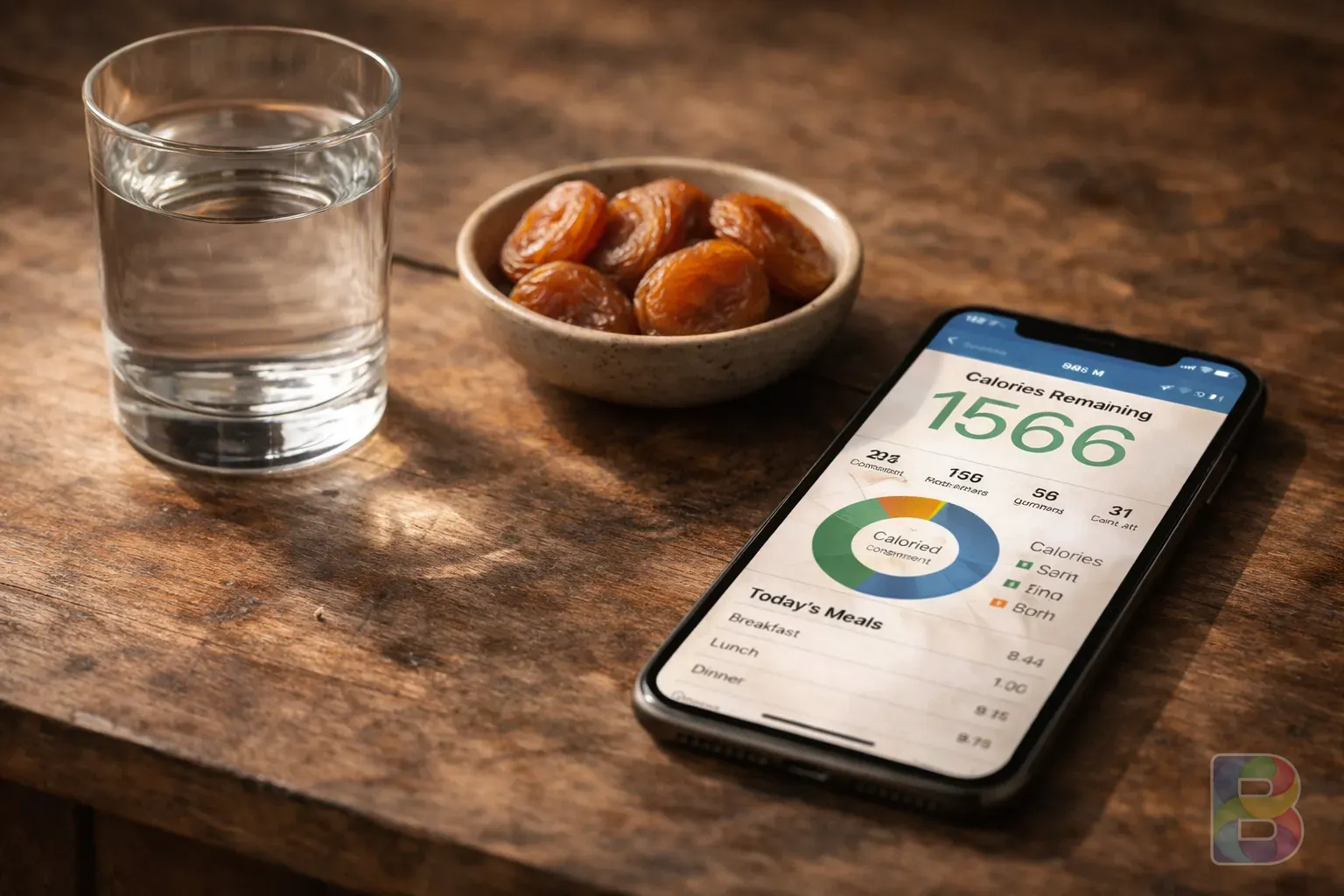 photorealistic, wooden table with a glass of water, a small bowl of 3-5 dried apricots, and a calorie counter app on a smartphone, clinical but warm atmosphere