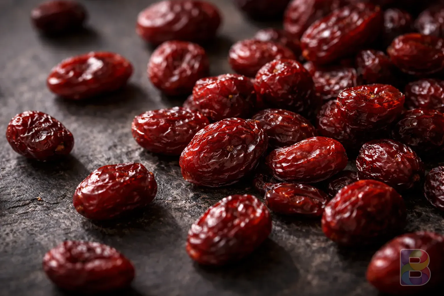 photorealistic, macro shot of dried cranberries scattered on a dark slate surface, vivid red colors, sharp details of the wrinkled texture, cinematic lighting