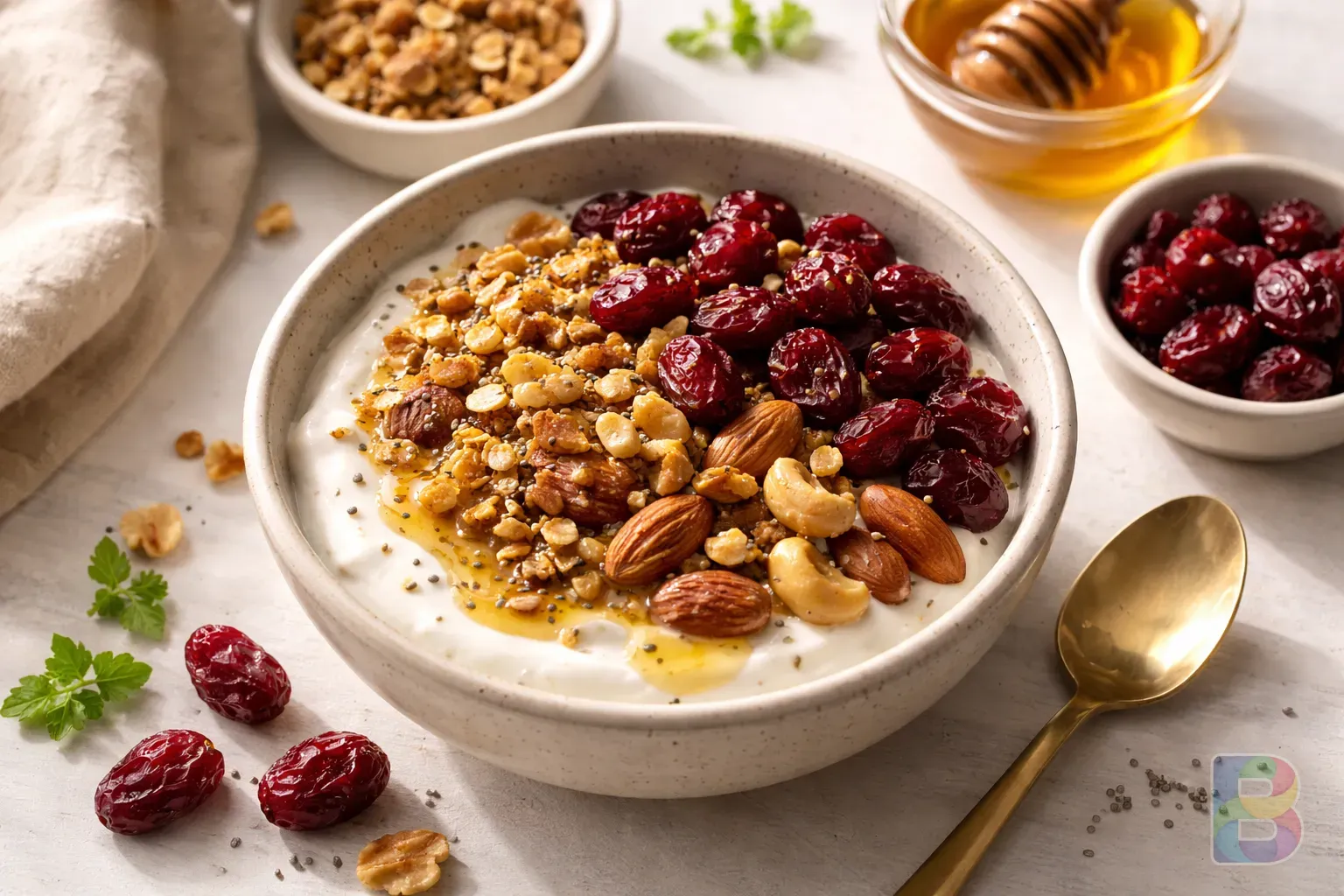 photorealistic, a healthy breakfast bowl with greek yogurt, nuts, and dried cranberries, top-down view, bright natural lighting, fresh and appetizing