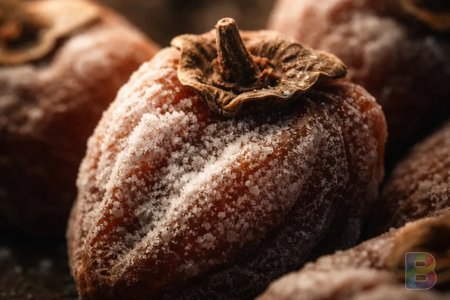 photorealistic, macro shot of the white powder (mannitol) on a dried persimmon's surface, soft morning light, cinematic lighting, high texture detail