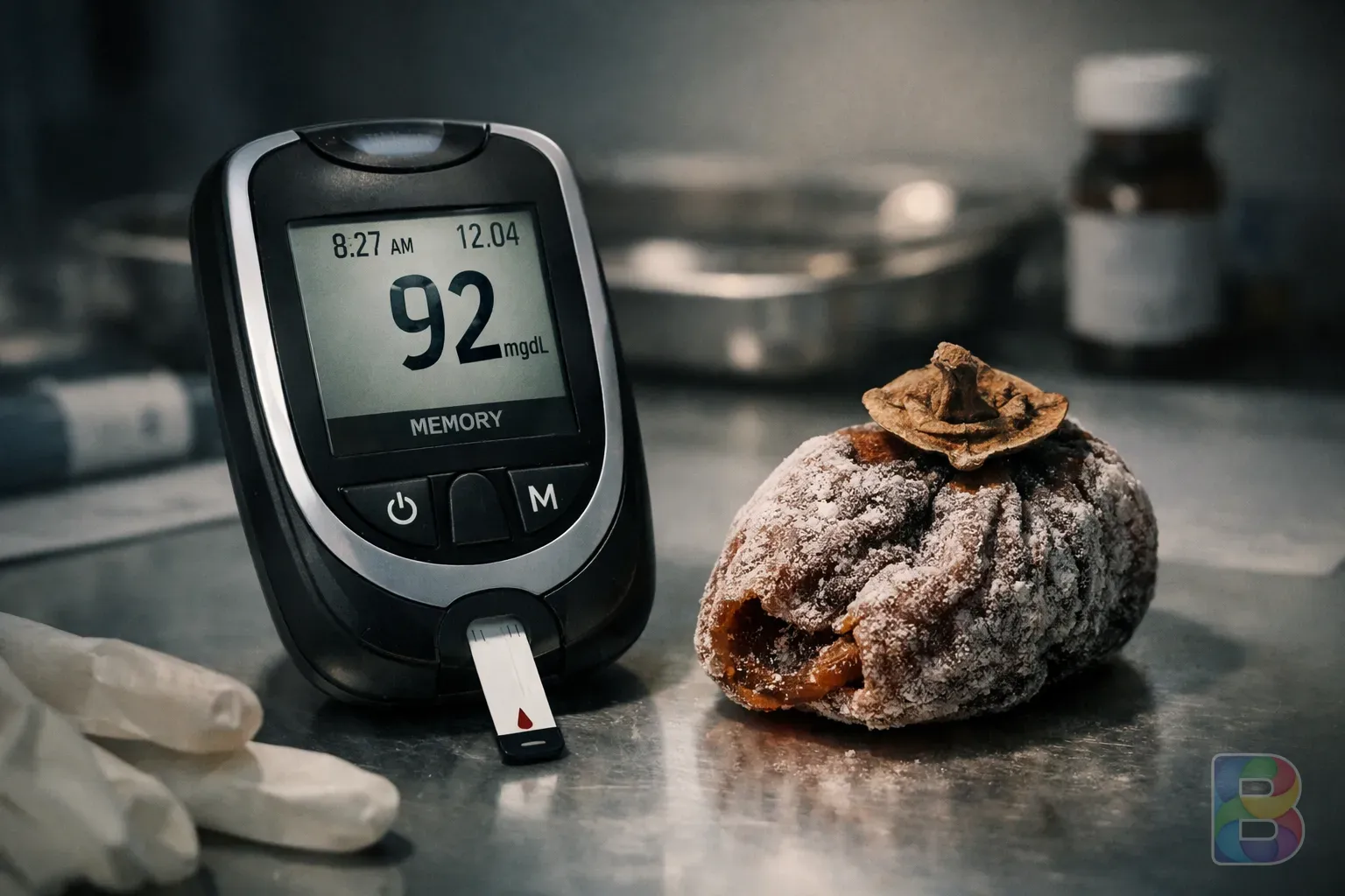 photorealistic, close-up of a glucose monitor and a piece of dried persimmon, clinical setting, soft professional lighting, caution mood