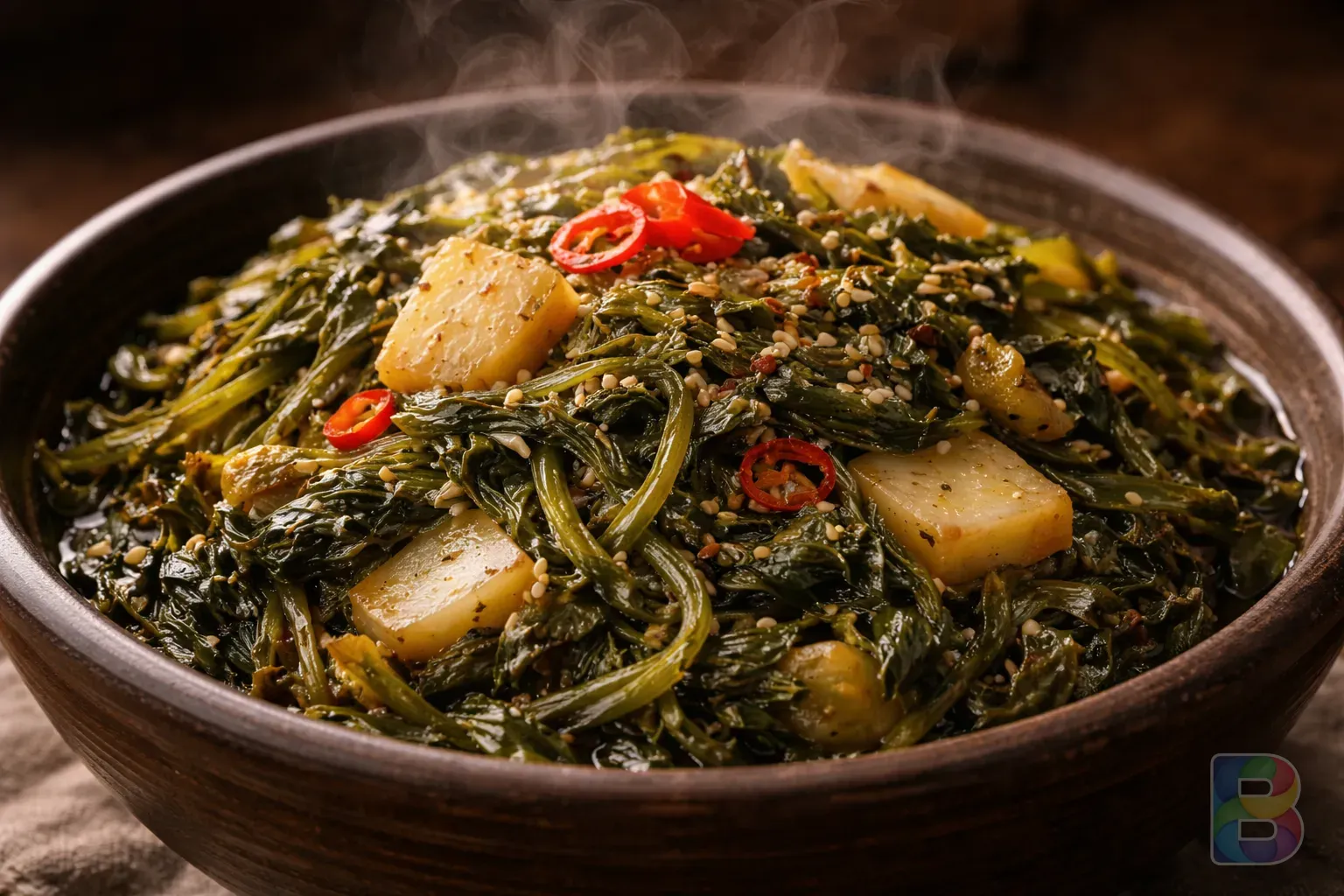 photorealistic, close-up of steamed green radish greens with steam rising, macro shot showing texture, dark background, cinematic lighting