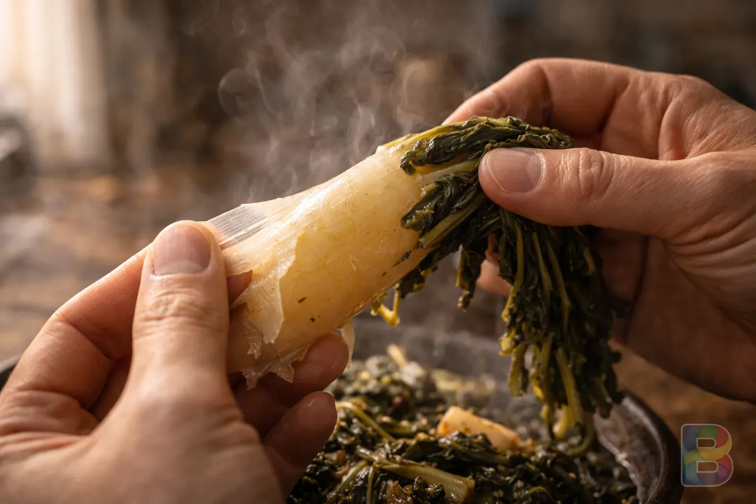 photorealistic, hands peeling the thin skin off a boiled radish green, close-up, steam rising, soft lighting, kitchen background