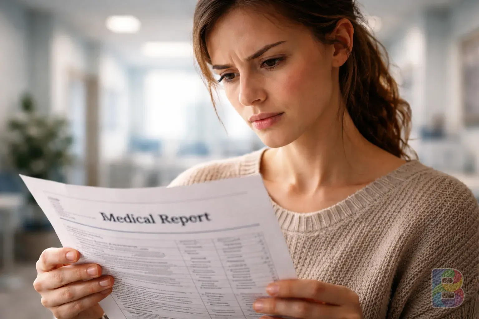 photorealistic, a person looking at a medical report with a concern, blurred hospital interior background, calm and serious mood