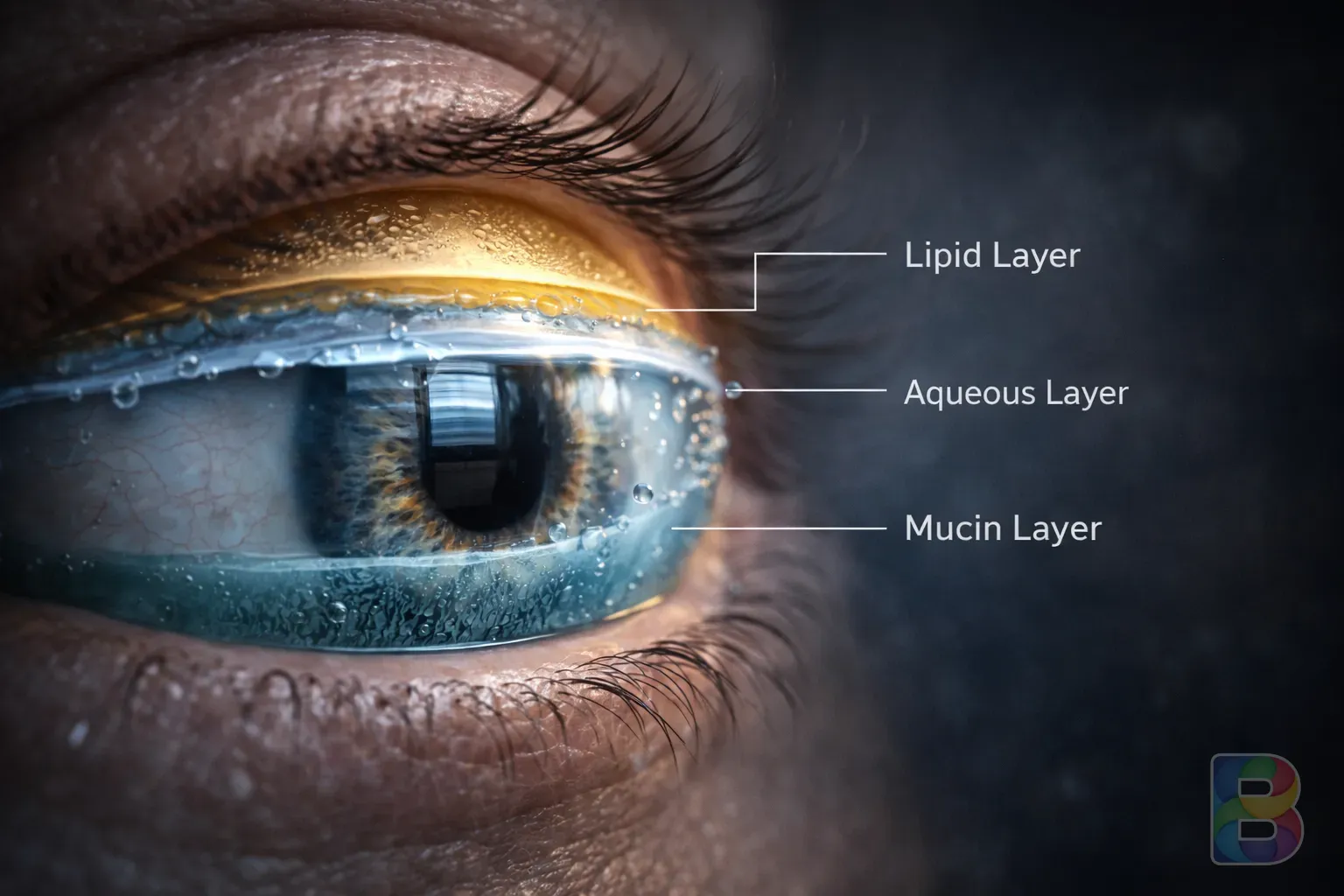 photorealistic, illustration of the human eye structure showing the tear film layers, soft medical 3D render, cinematic lighting, high detail