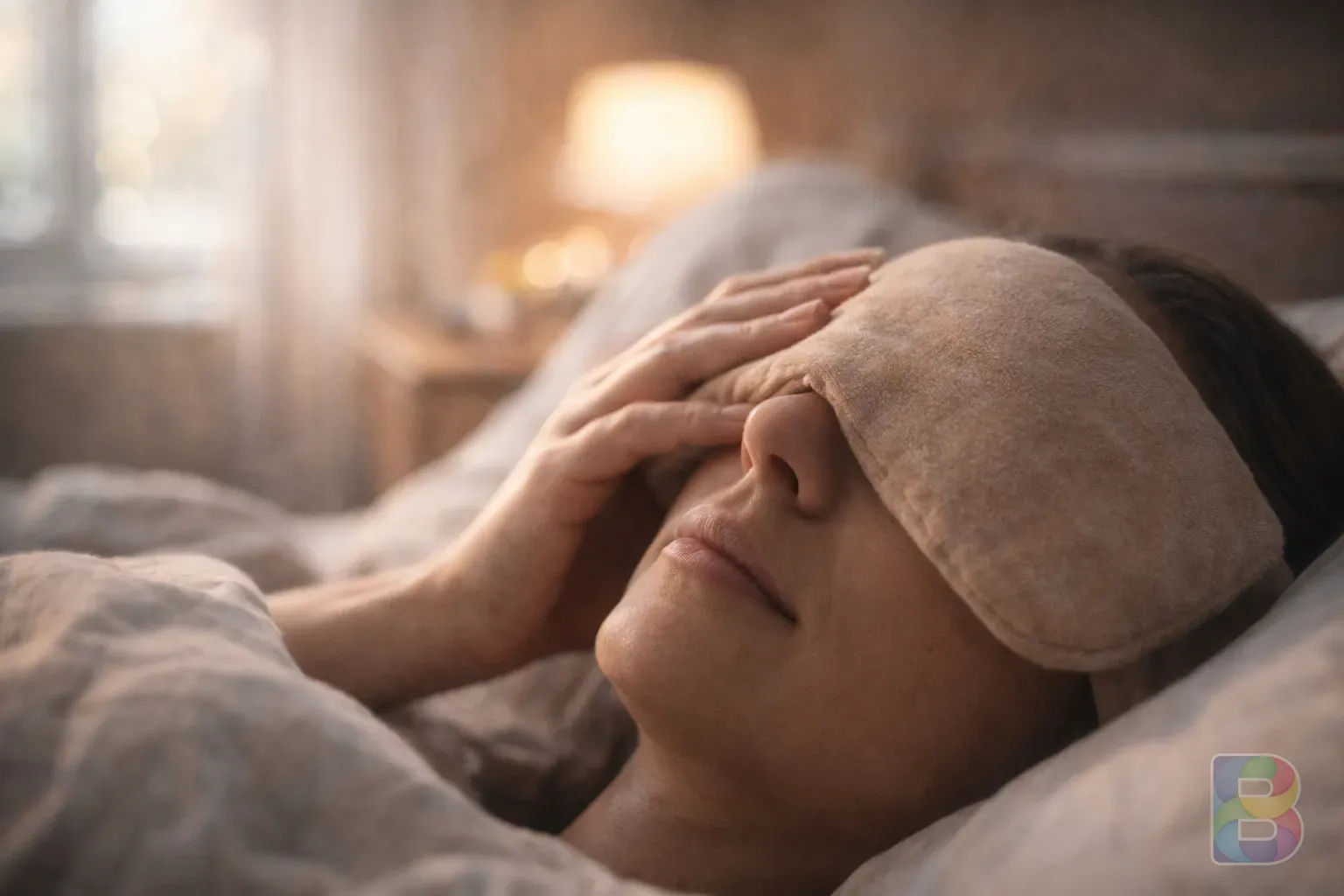 photorealistic, detail shot of a person using a warm eye compress in a cozy bedroom, soft morning light, cinematic lighting, peaceful atmosphere