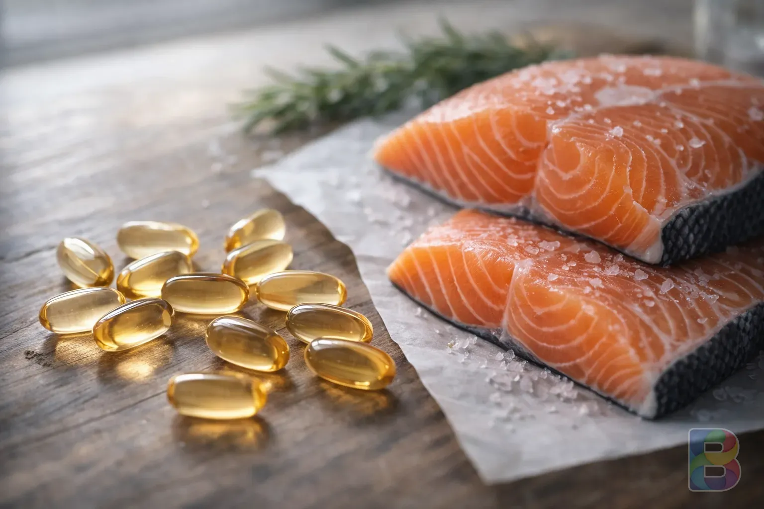 photorealistic, close-up of omega-3 capsules and fresh salmon on a wooden table, high detail food photography, soft natural light, clean clinical vibe