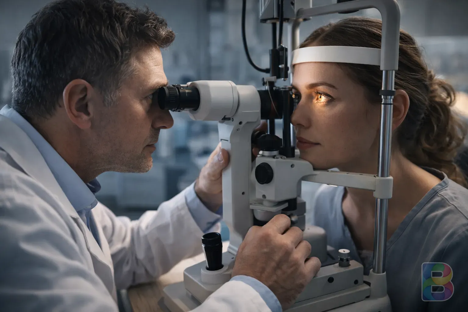 photorealistic, ophthalmologist examining a patient's eye with a slit lamp in a modern clinic, clinical lighting, professional and reassuring atmosphere