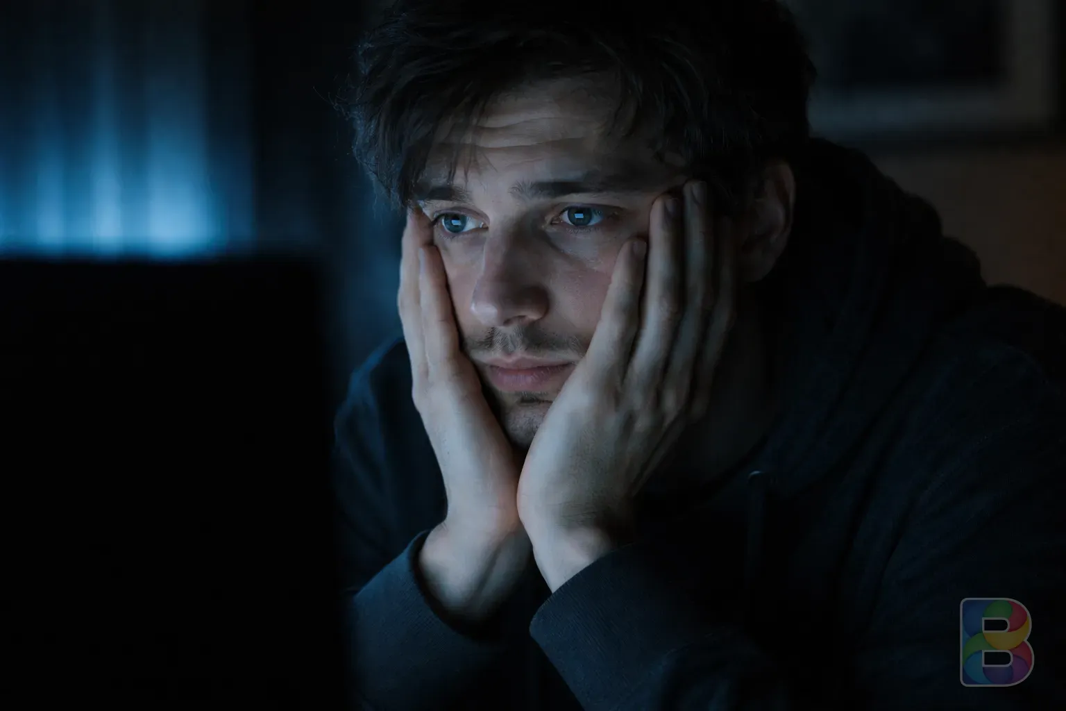 photorealistic, a person sitting in front of a computer screen in a dark room, blue light reflecting on their tired eyes, cinematic lighting, moody atmosphere