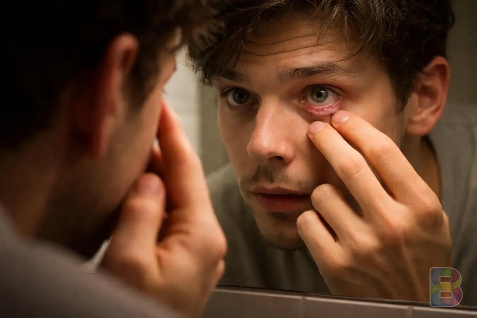 photorealistic, close-up of a person looking into a mirror and gently pulling down their lower eyelid to inspect it, soft bathroom lighting, cinematic lighting