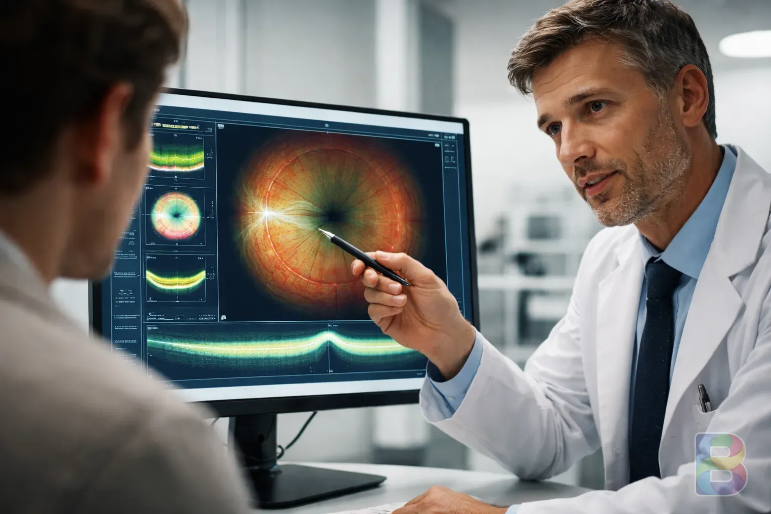 photorealistic, professional eye doctor showing a digital scan of a patient's eye on a screen, modern clinic background, clinical lighting, reassuring tone