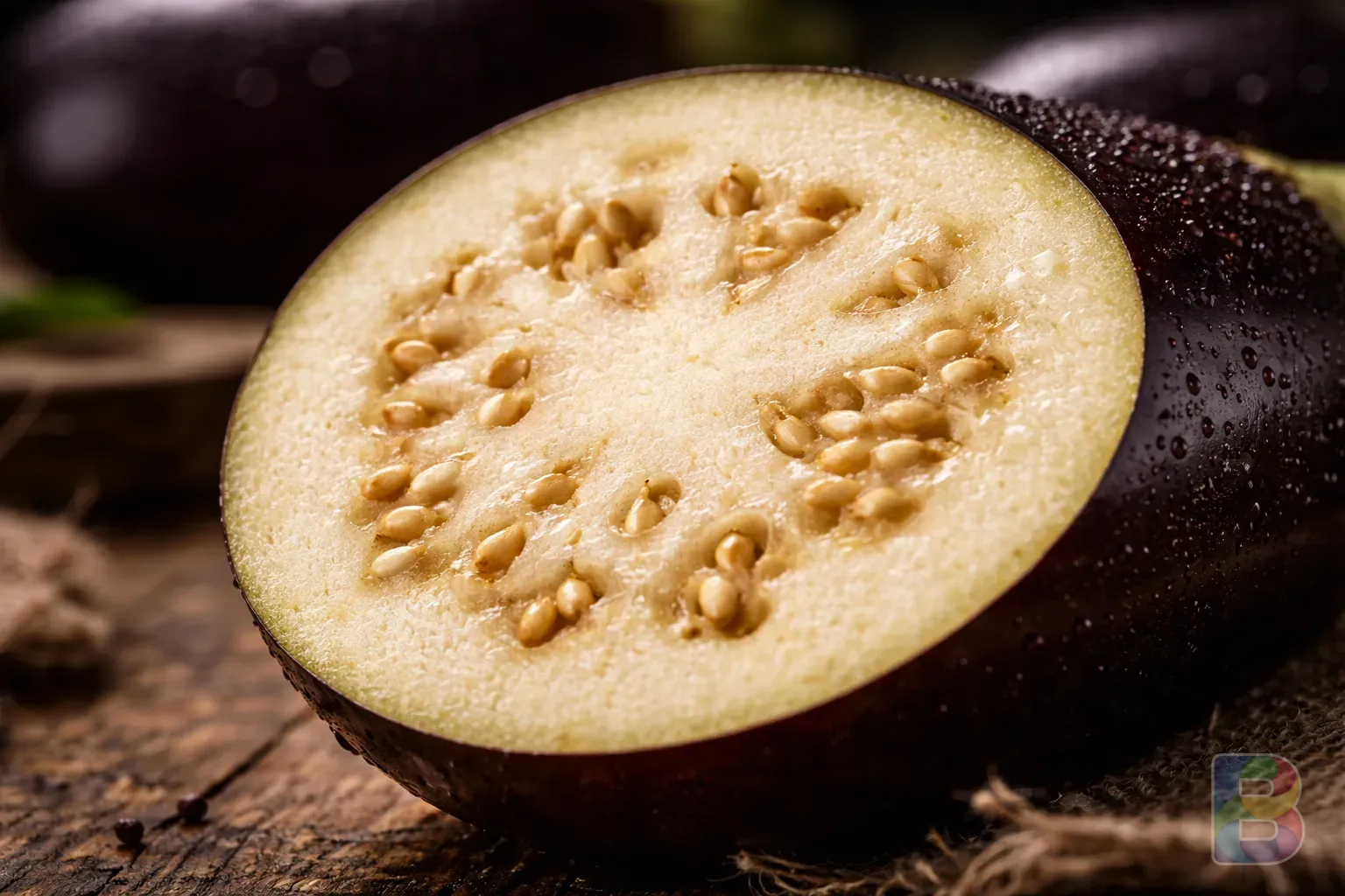 photorealistic, macro shot of a sliced eggplant showing the porous interior and seeds, soft natural light, high detail texture