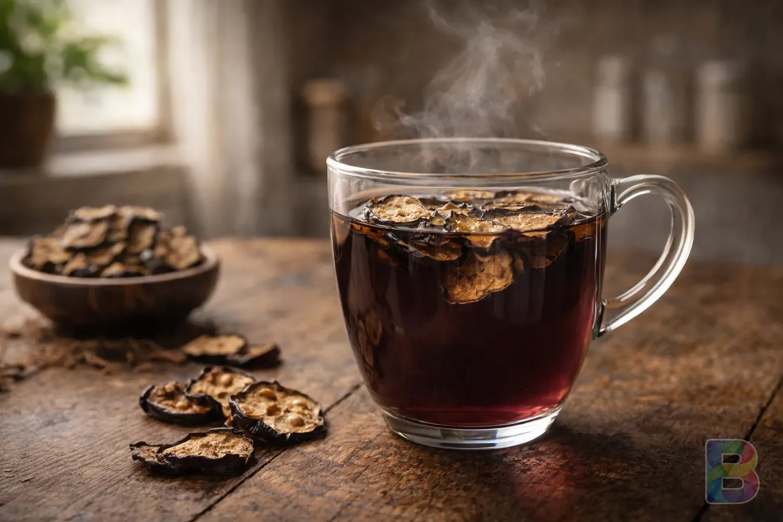 photorealistic, steaming glass of dark purple-tinted tea with dried eggplant slices floating, cozy kitchen background, soft morning light